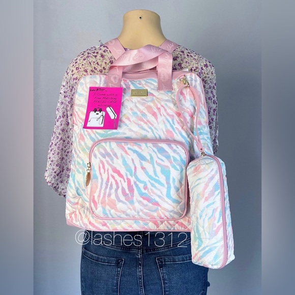 BETSEY JOHNSON Bag LBWILLA Backpack with Pencil Case - White Rainbow Zebra Print - Picture 8 of 8